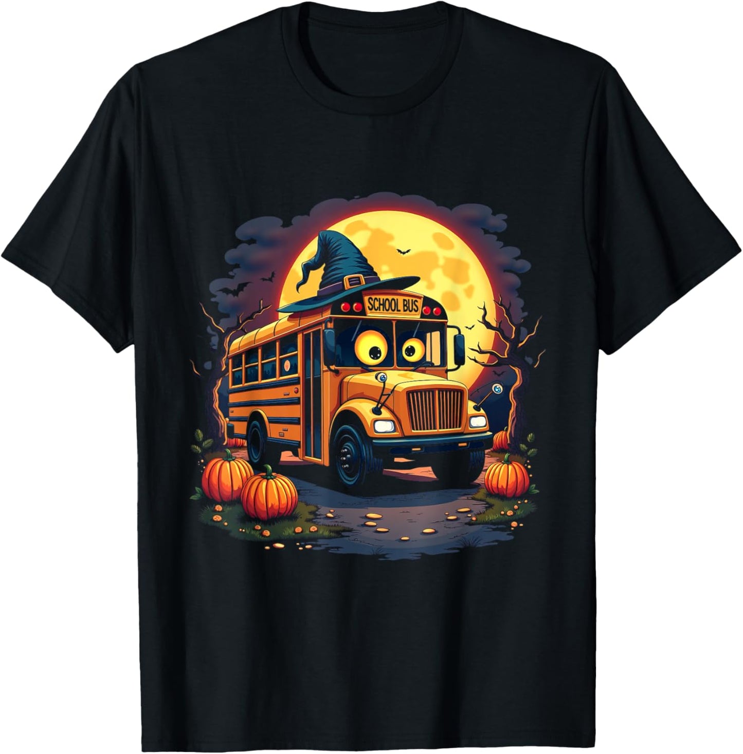 Halloween School Bus with Witch Hat and Pumpkins Spooky T-Shirt - T-Shirt | Black