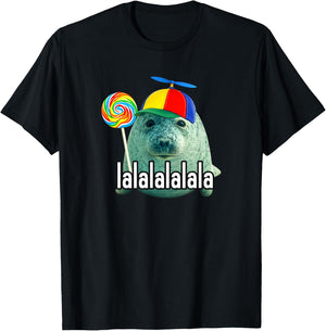 Silly Seal with Lollipop Lalala Meme Funny T-Shirt - T-Shirt | Black