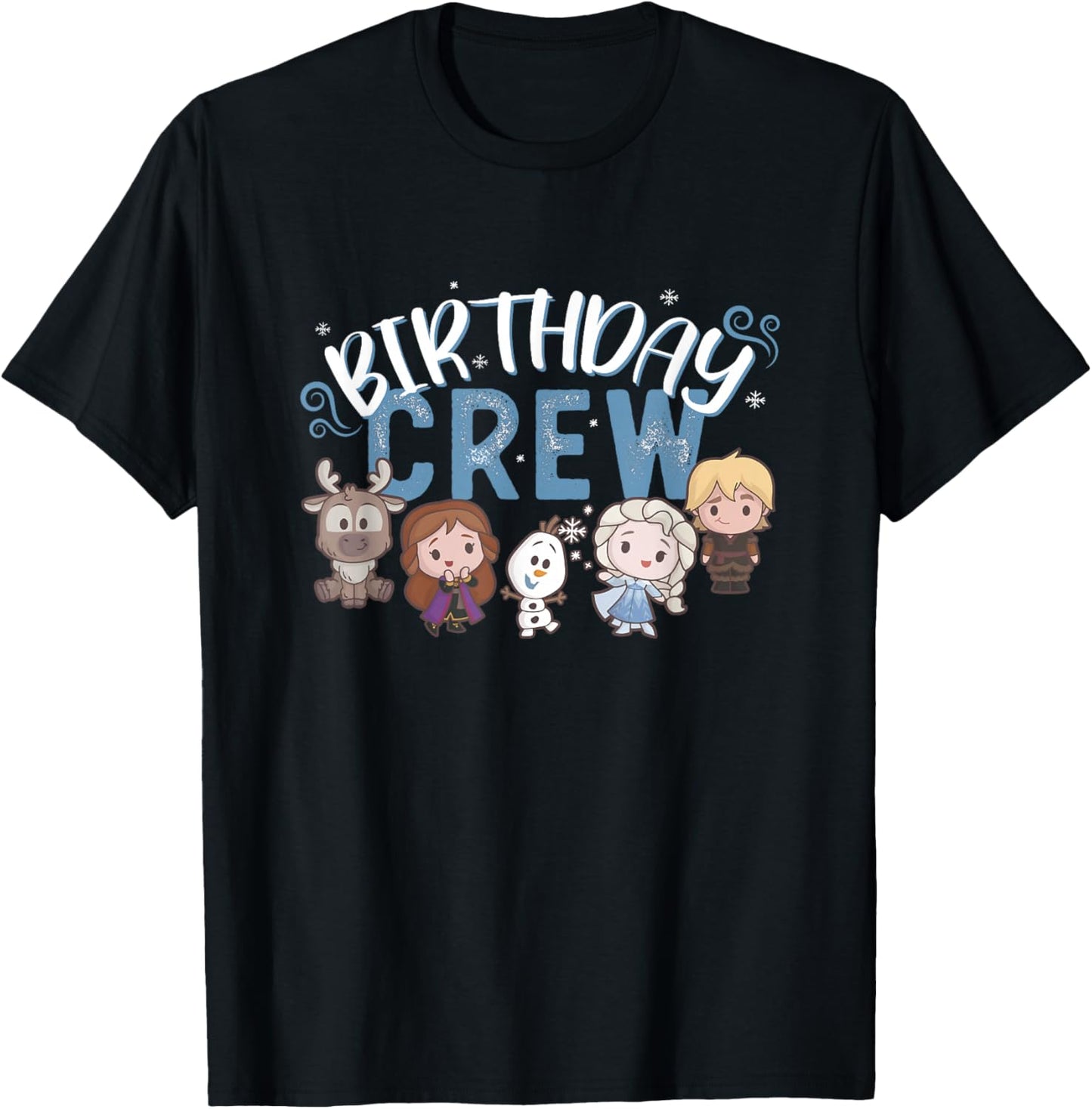 Disney Frozen Birthday Crew Cute Chibi Group Shot Big Logo T-Shirt - T-Shirt | Black