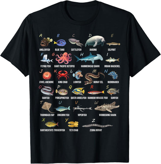 A-Z Ocean Life Alphabet Marine Creatures Exploration T-Shirt - T-Shirt | Black