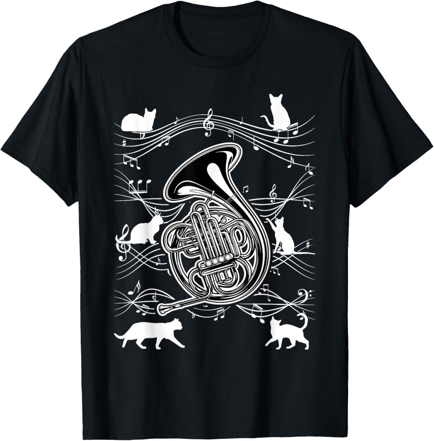 Horn Player Cats for Cat Loving French Horn Player T-Shirt - T-Shirt | Black