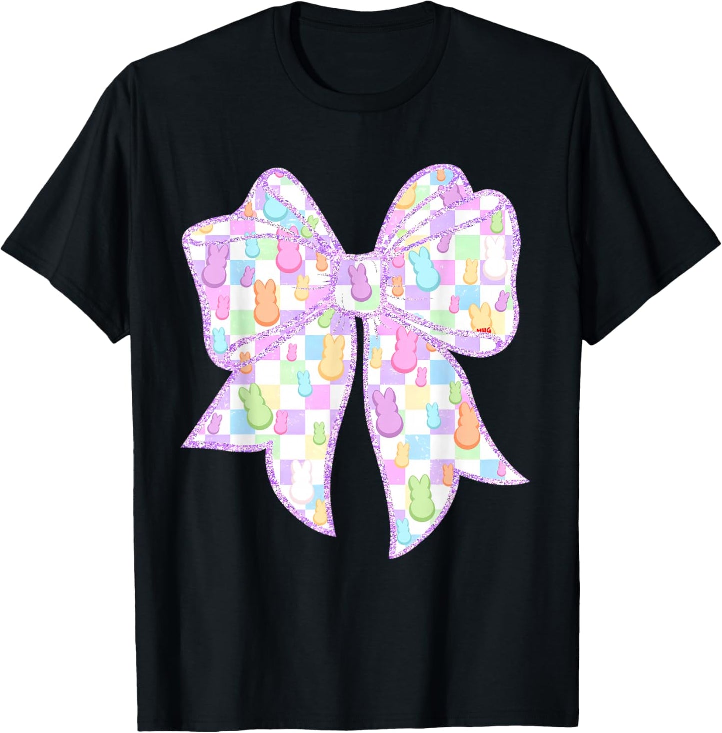 Funny Bunny Coquette Bow Rabbit Eggs Happy Easter Checkered T-Shirt - T-Shirt | Black