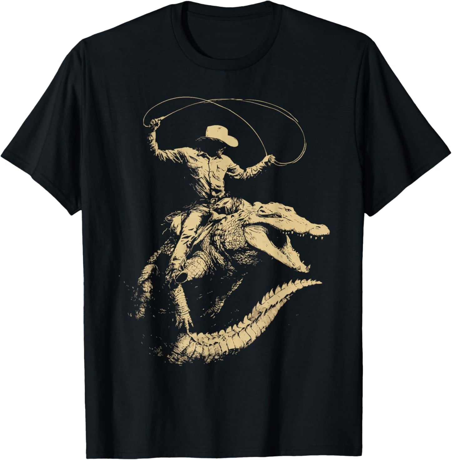 Cowboy with Lasso Riding Crocodile Western Animal Rodeo T-Shirt - T-Shirt | Black