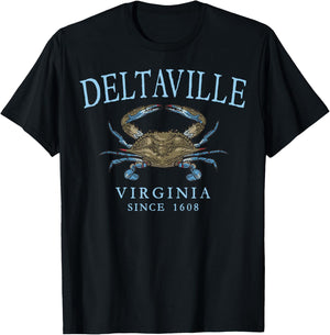 Deltaville Virginia Crab Since 1608 Pale Blue Letters T-Shirt - T-Shirt | Black