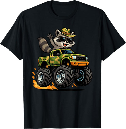 Camo Raccoon Monster Truck Western Boys Camo Cowboy Raccoon T-Shirt - T-Shirt | Black