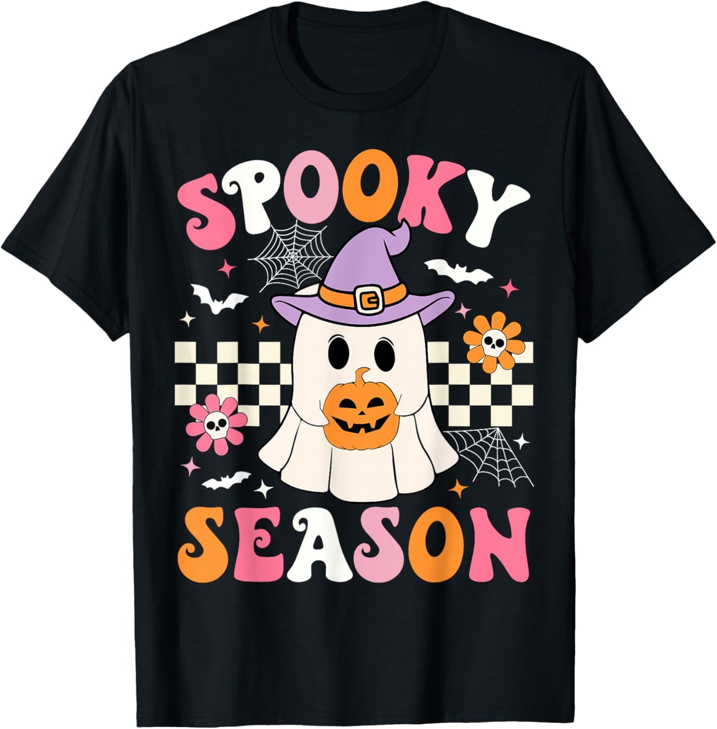 Spooky Season Ghost Holding Pumpkin Groovy Halloween Ghost T-Shirt - T-Shirt | Black