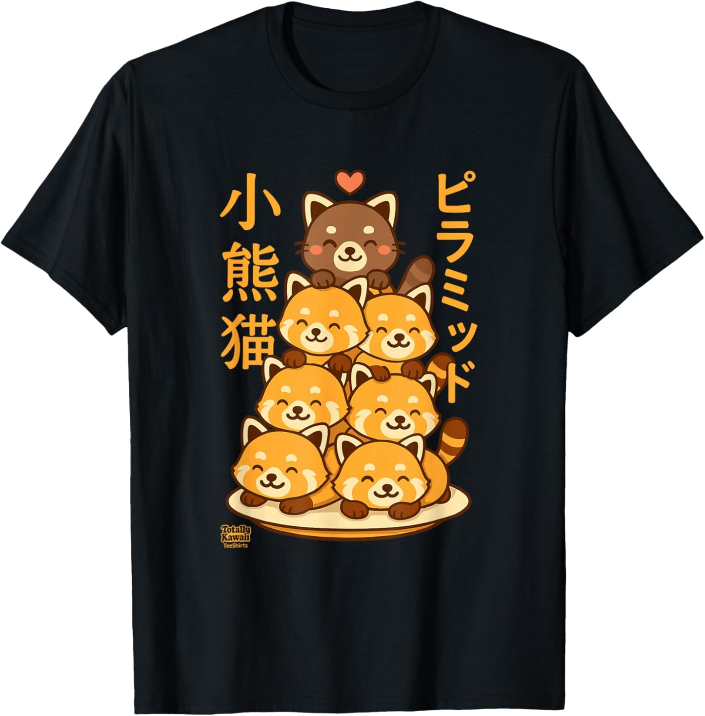 Kawaii Red Panda Pyramid Anime Japanese Letters Cute T-Shirt - T-Shirt | Black
