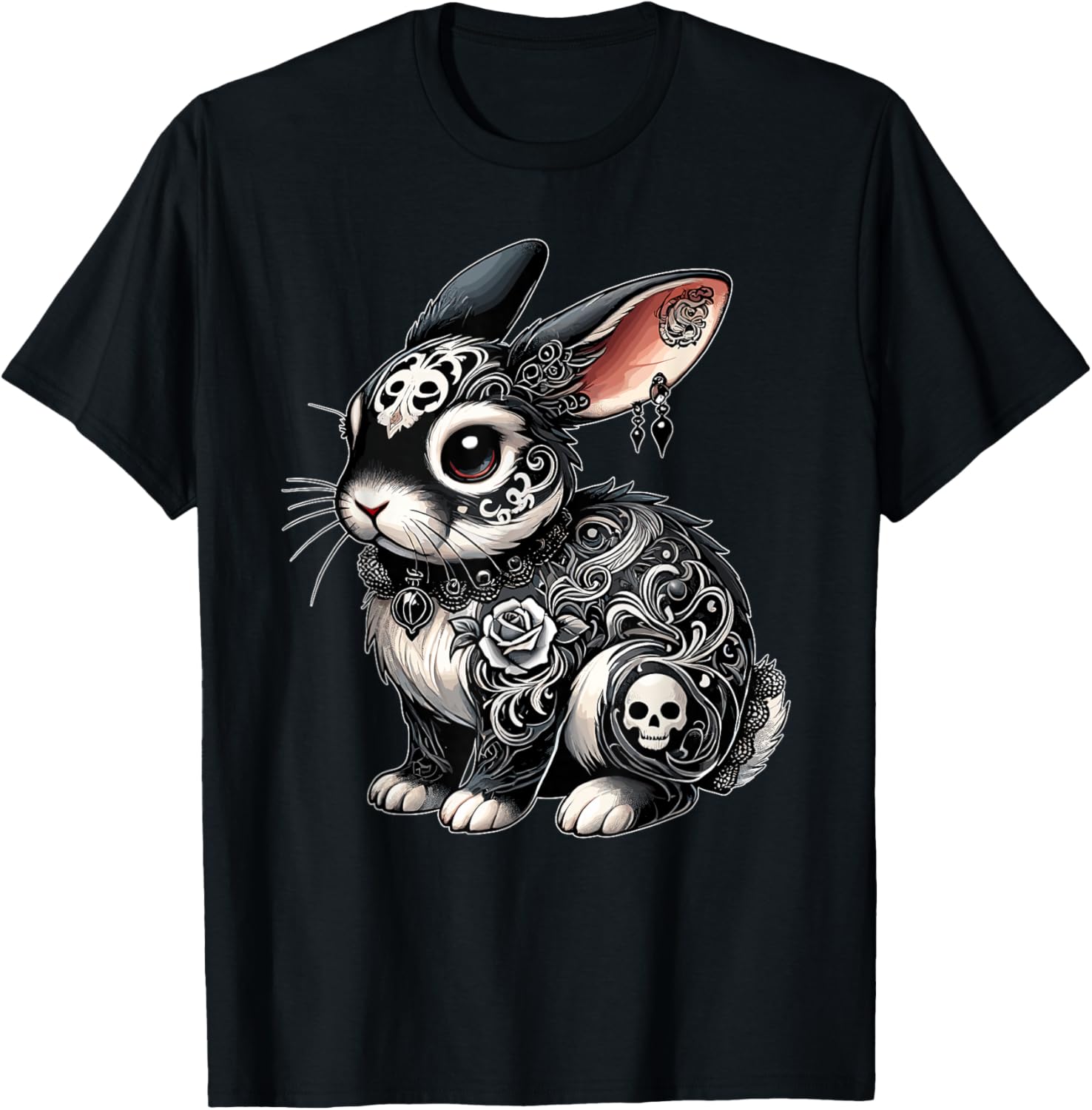 Gothic Filigree Rabbit with Skulls T-Shirt - T-Shirt | Black