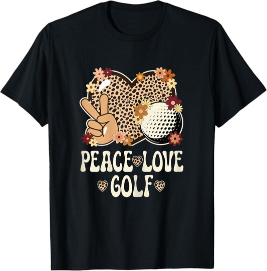 Peace Love Golf Lover Outfit Cheetah Print Women Girls Golf T-Shirt - T-Shirt | Black