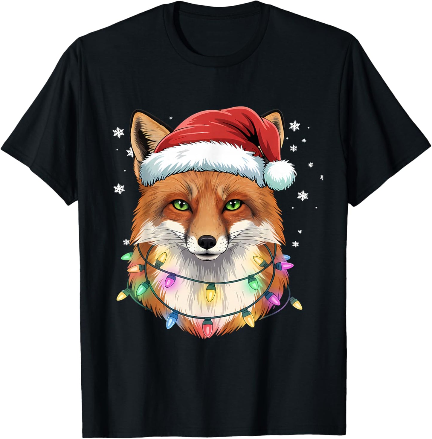 Christmas Lights Fox Santa Hat Cute Xmas Pajamas T-Shirt - T-Shirt | Black
