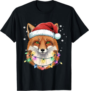 Christmas Lights Fox Santa Hat Cute Xmas Pajamas T-Shirt - T-Shirt | Black