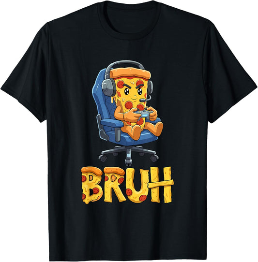 Bruh Pizza Gamer Funny Gaming Meme for Gamer Boys Kids T-Shirt - T-Shirt | Black