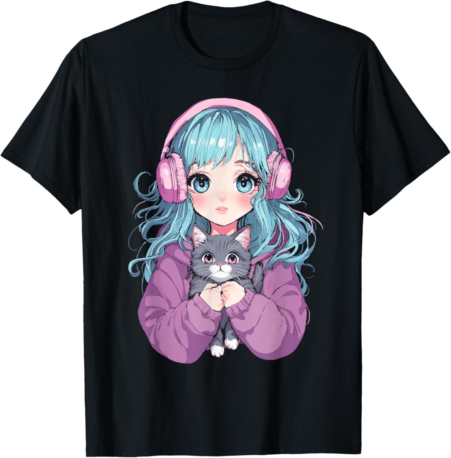 Anime Girl Cat Japanese Kawaii Teens Girls T-Shirt - T-Shirt | Black
