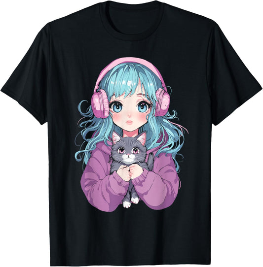 Anime Girl Cat Japanese Kawaii Teens Girls T-Shirt - T-Shirt | Black