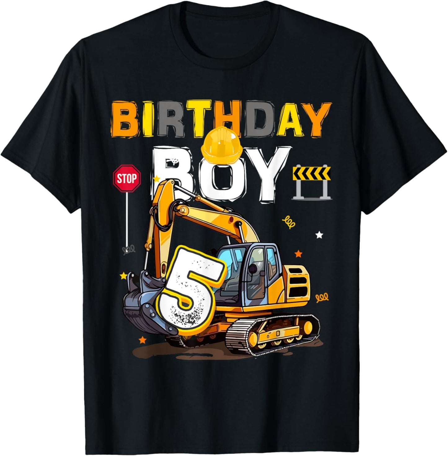 5th Birthday Boy 5 Years Old Excavator Five Decorations T-Shirt - T-Shirt | Black