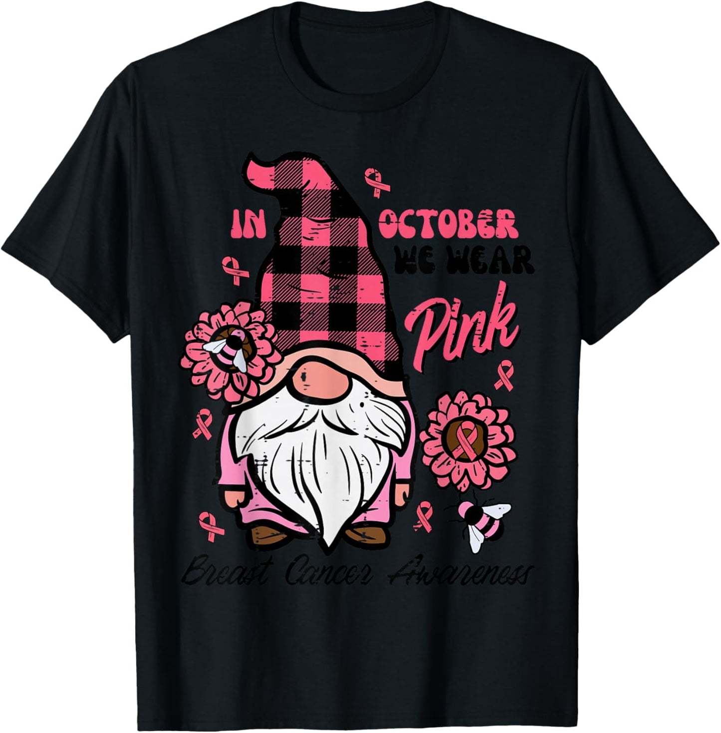 Breast Cancer Aware Gnome October We Wear Pink Women Kid Men T-Shirt - T-Shirt | Black