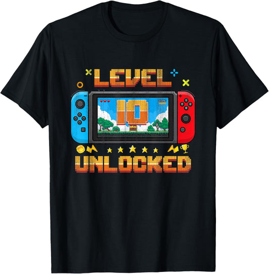 Gaming Gift Boys Level 10 Unlocked 10th Birthday Video Gamer T-Shirt - T-Shirt | Black