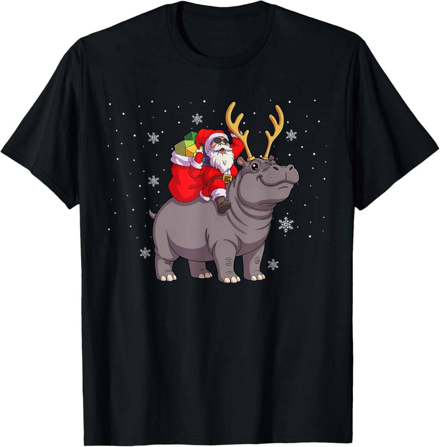 Santa Riding Hippo Deer Xmas Hippo Christmas T-Shirt - T-Shirt | Black