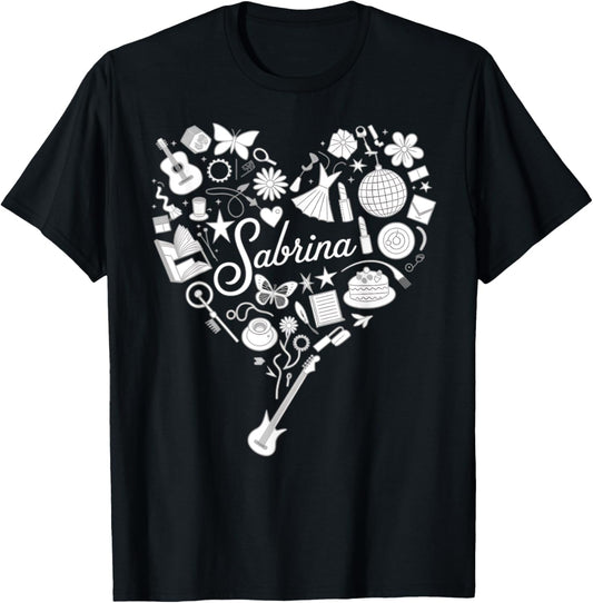 Girl Retro Sabrina First Name Personalized Heart T-Shirt - T-Shirt | Black