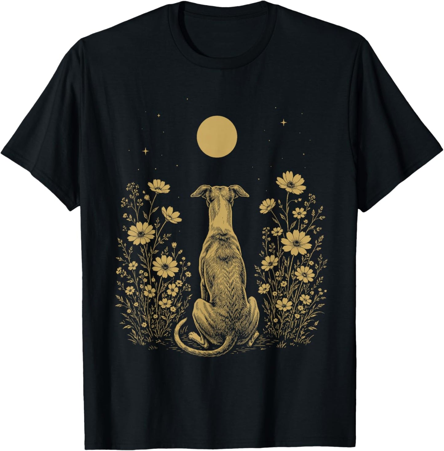 Whippet Moon Night Flower Minimalist Boho Dog Lover T-Shirt - T-Shirt | Black