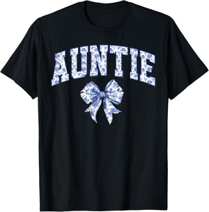 Auntie Coquette Toile Blue Bow Floral Family Matching T-Shirt - T-Shirt | Black