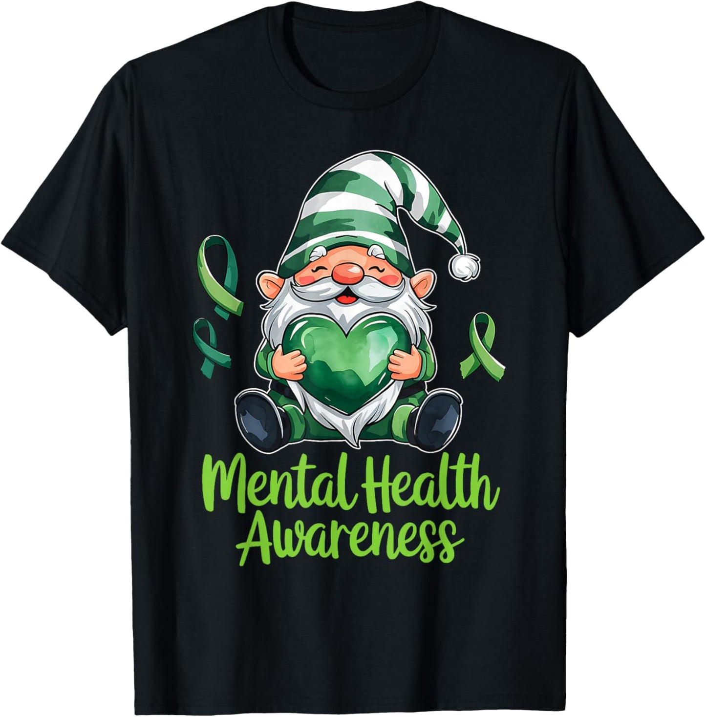 Mental Health Awareness Cute Gnome with Heart and Ribbon T-Shirt - T-Shirt | Black
