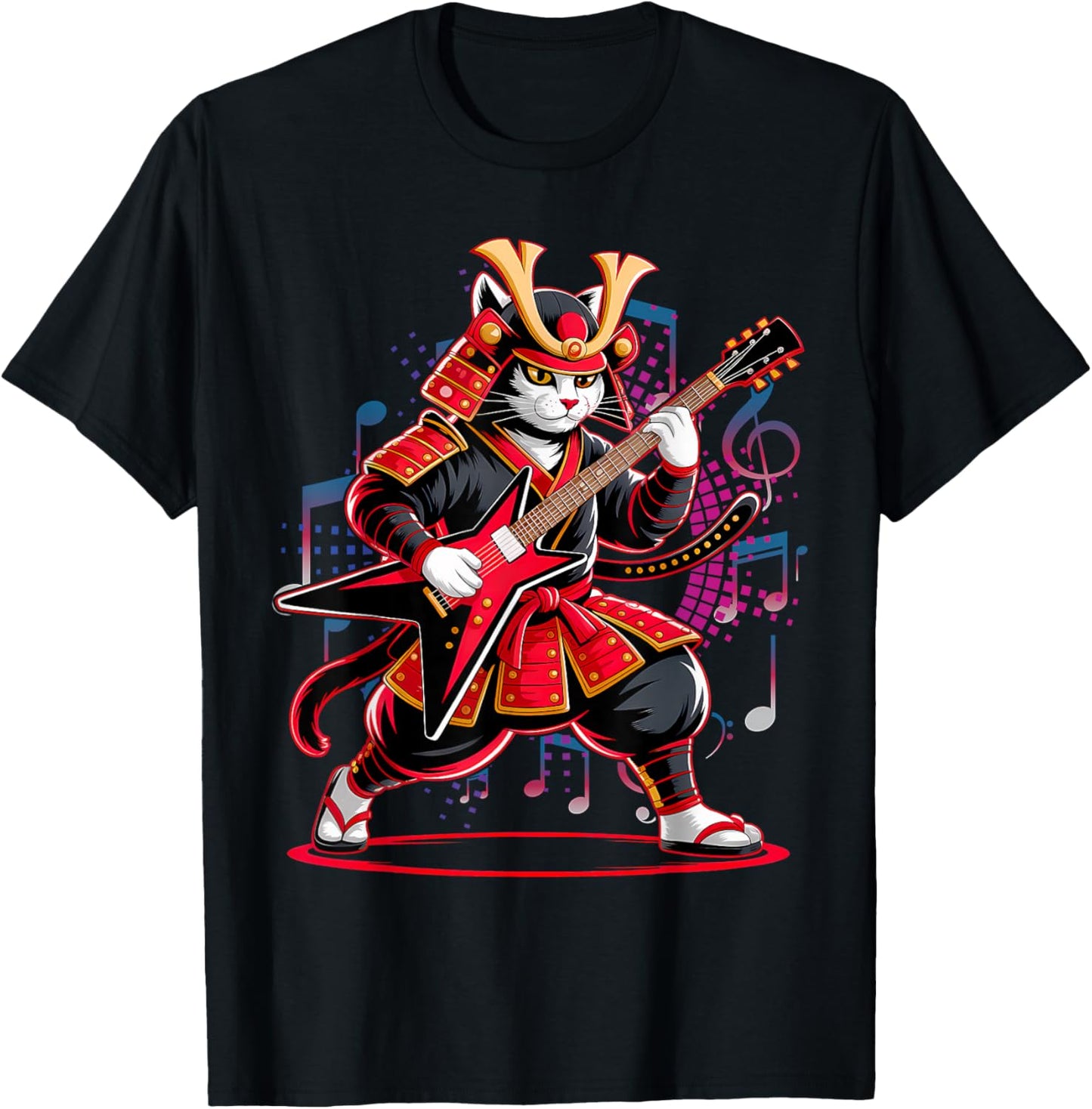 Japanese Samurai Cat Playing Electric Guitar Player T-Shirt - T-Shirt | Black