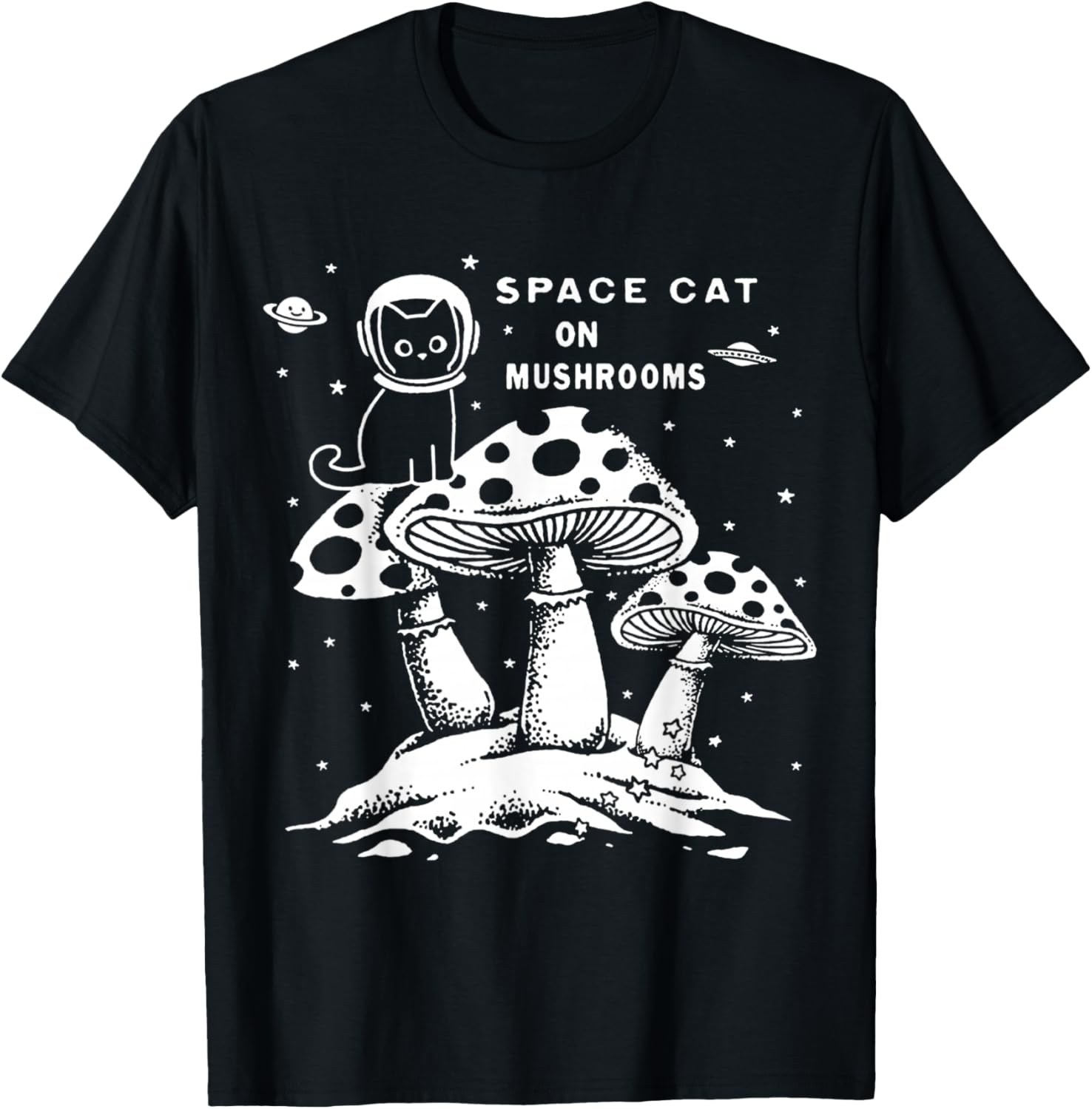 Space Cat on Mushrooms T-Shirt - T-Shirt | Black