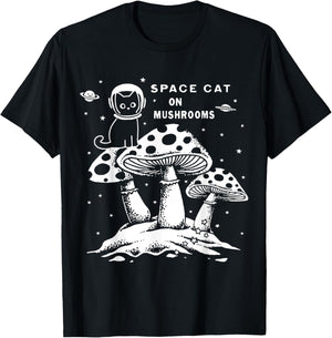 Space Cat on Mushrooms T-Shirt - T-Shirt | Black