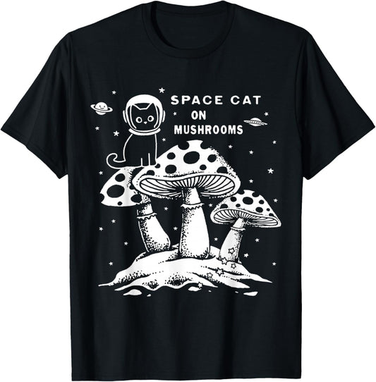 Space Cat on Mushrooms T-Shirt - T-Shirt | Black