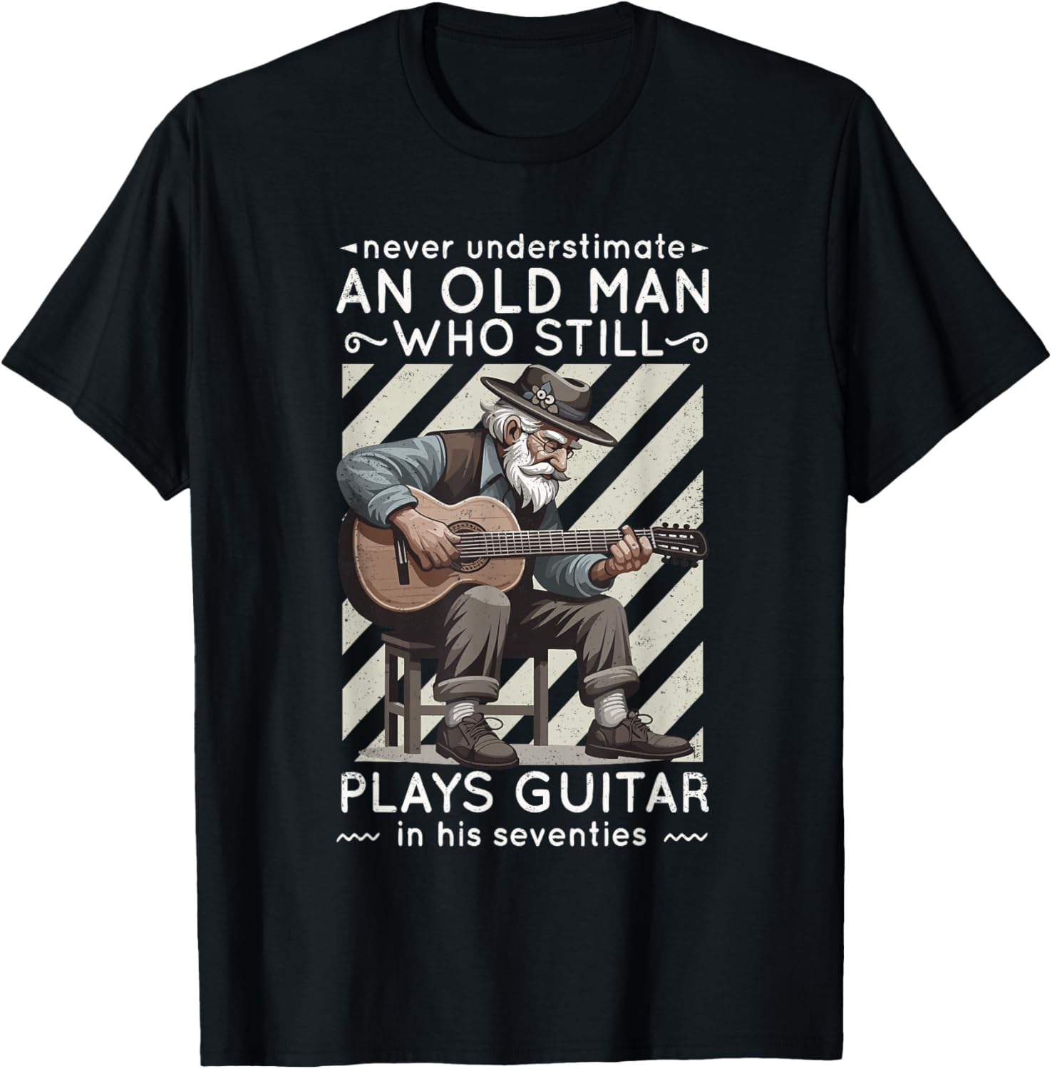Never Underestimate an Old Man Who Plays Guitar Seventies T-Shirt - T-Shirt | Black