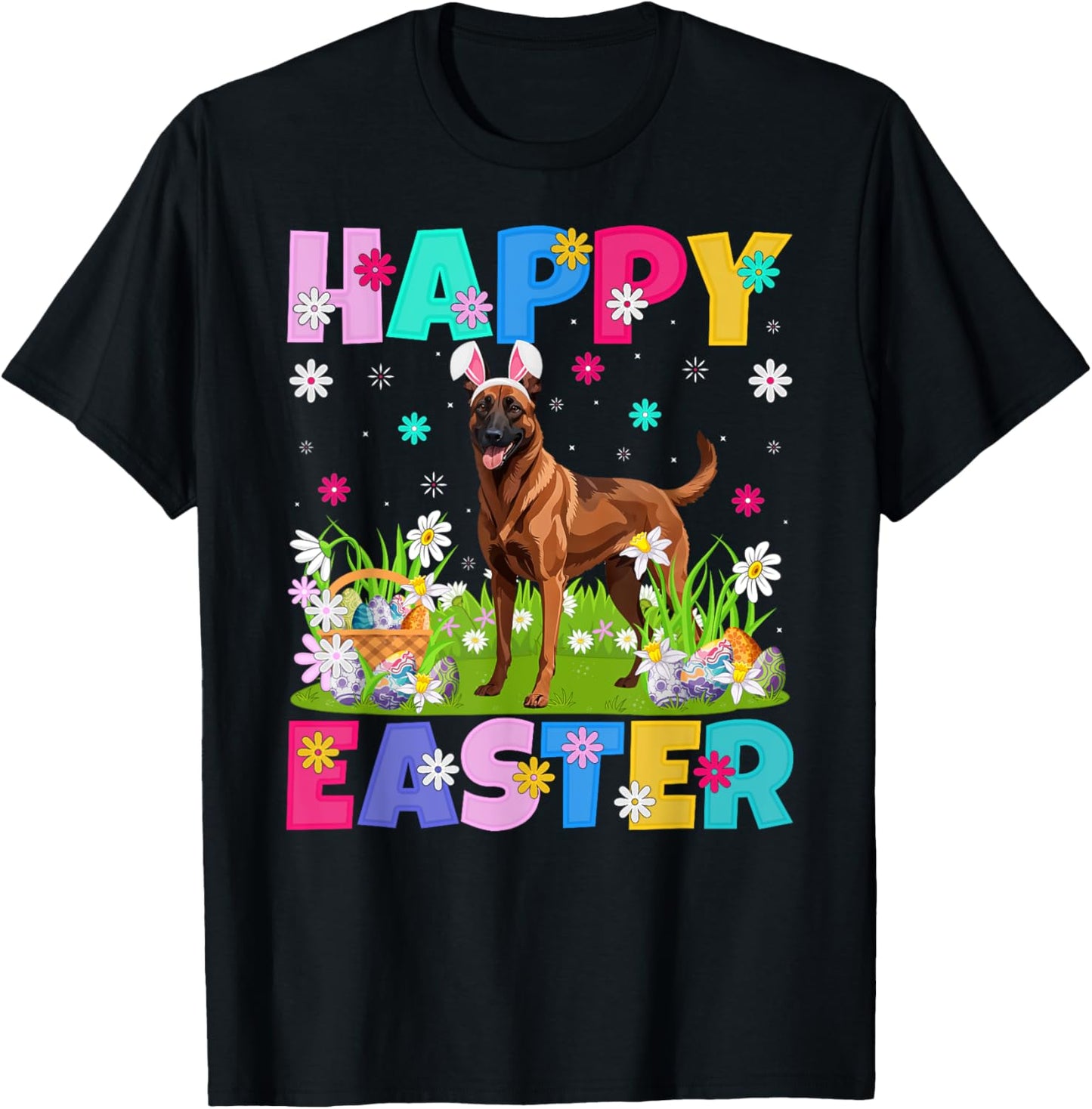 Belgian Malinois Dog Happy Easter Egg Hunt Bunny Ear Easter T-Shirt - T-Shirt | Black