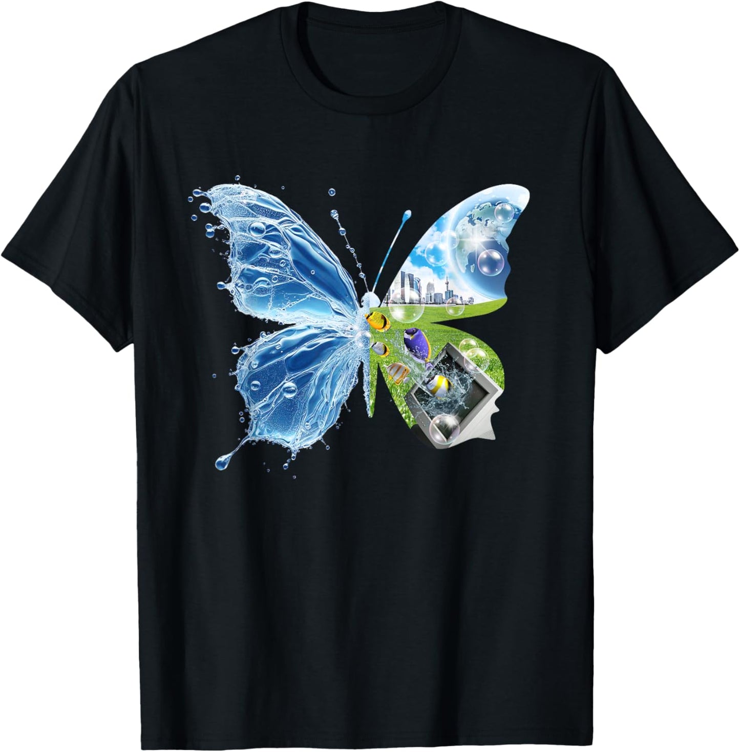Frutiger Aero Aesthetic Schmetterling Computer Fische Landschaft T-Shirt - T-Shirt | Black