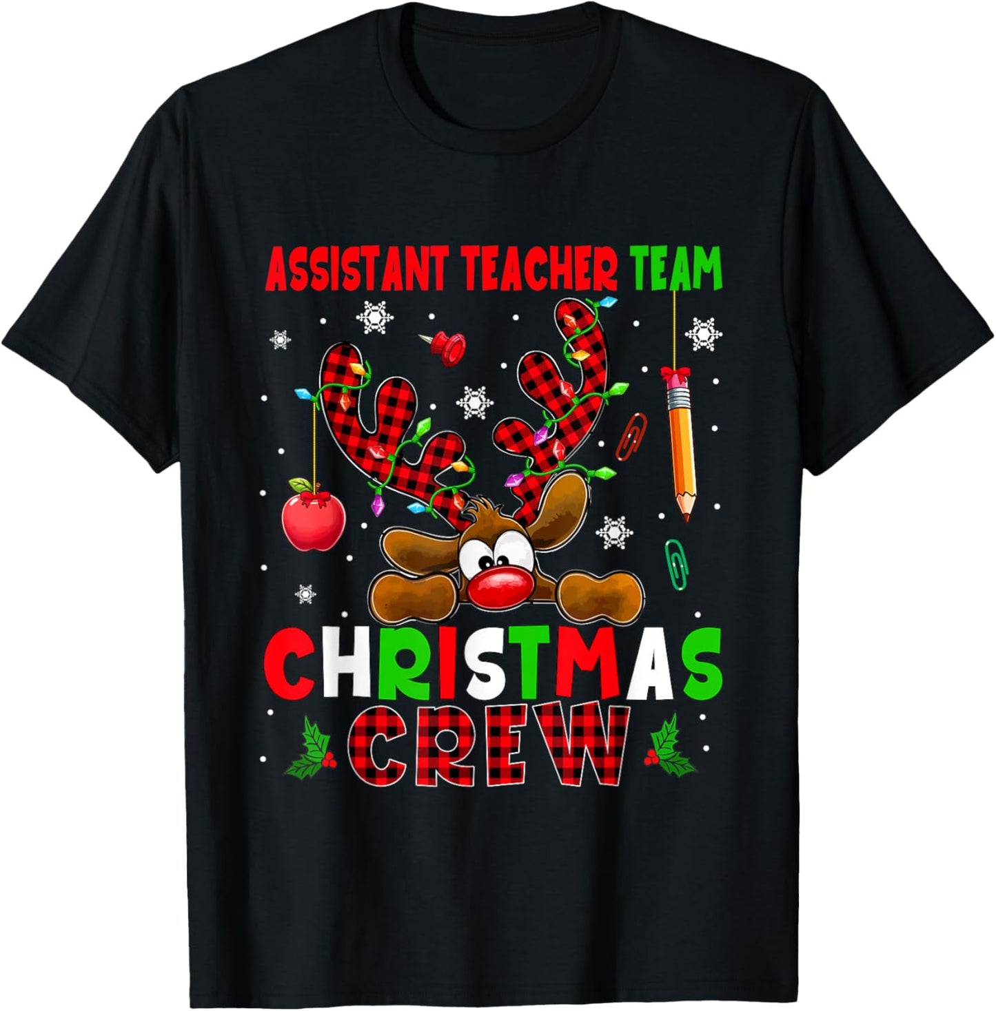 Assistant Teacher Team Christmas Crew Job Colorful Reindeer T-Shirt - T-Shirt | Black