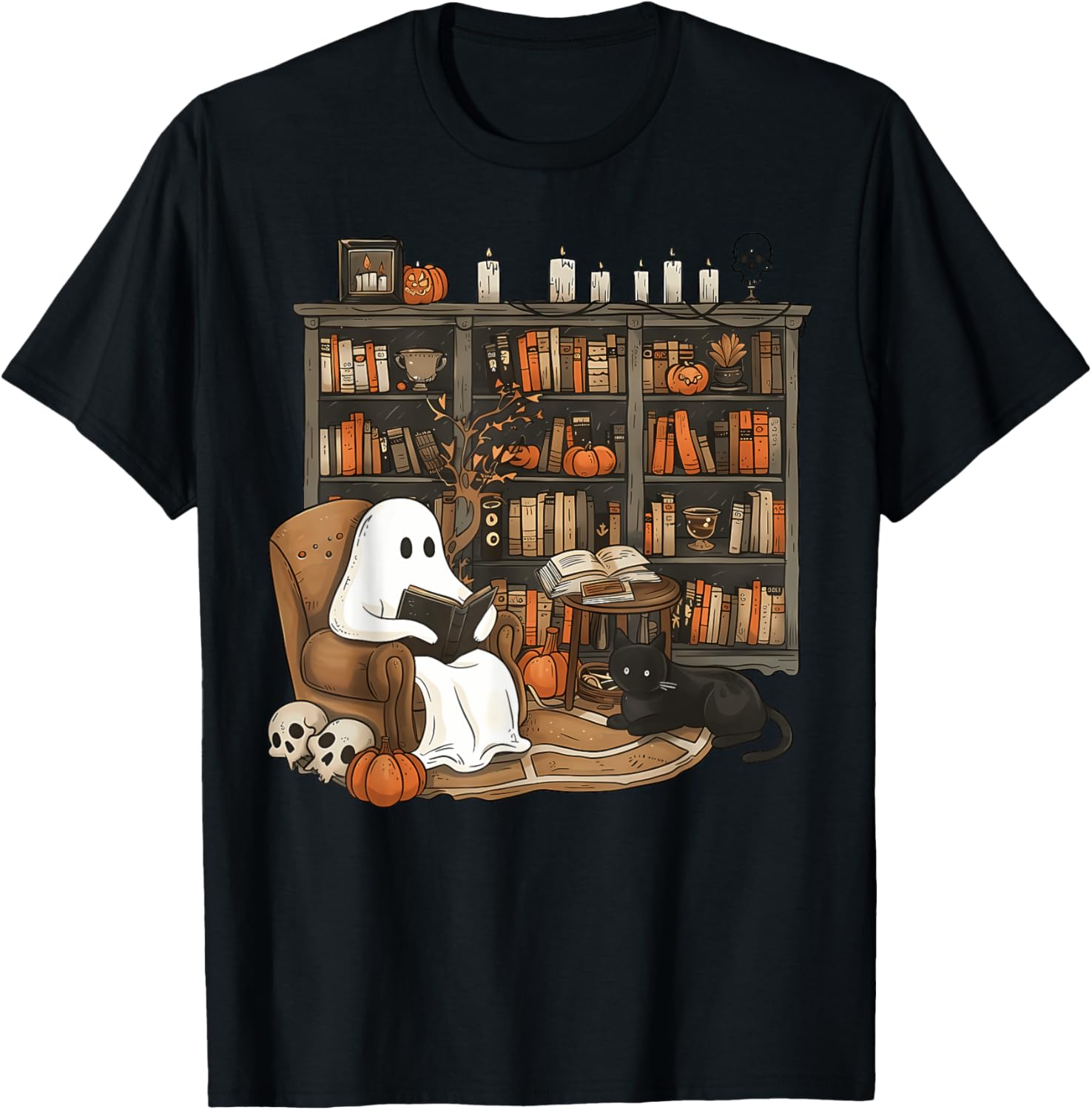 Vintage Ghost Reading Book Lovers Library Halloween Spooky T-Shirt - T-Shirt | Black