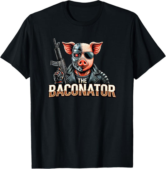 The Baconator Funny Cyborg Pig Action Hero T-Shirt - T-Shirt | Black