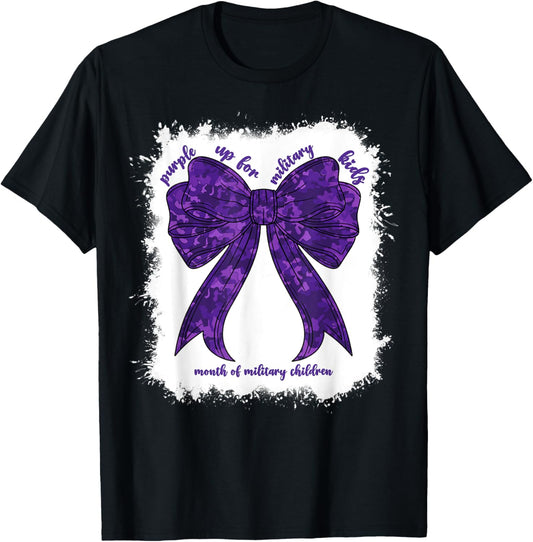 Purple Up For Military Kids Month Of Military Child Girl Bow T-Shirt - T-Shirt | Black
