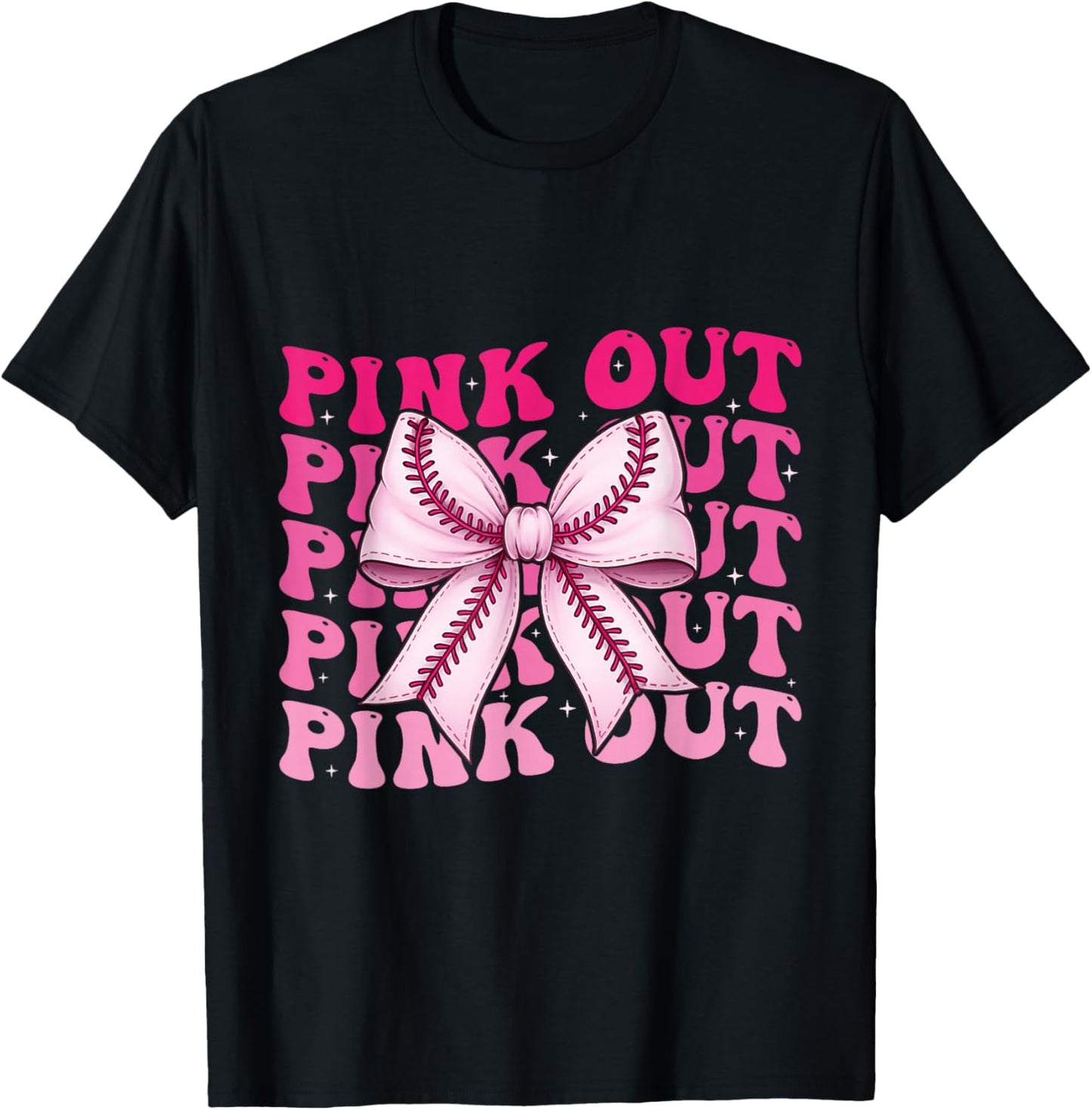 Pink Out Baseball Bow Breast Cancer Coquette Bow Women Girl T-Shirt - T-Shirt | Black