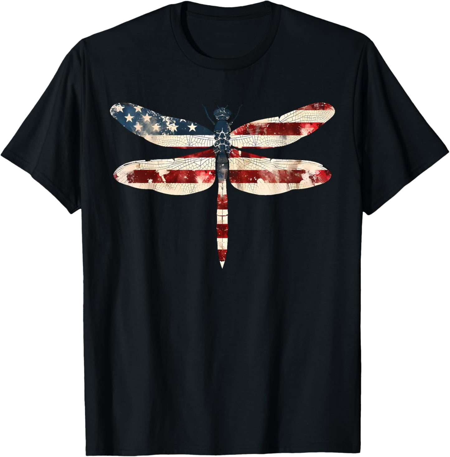 American Flag Dragonfly Patriotic 4th of July Red White Blue T-Shirt - T-Shirt | Black