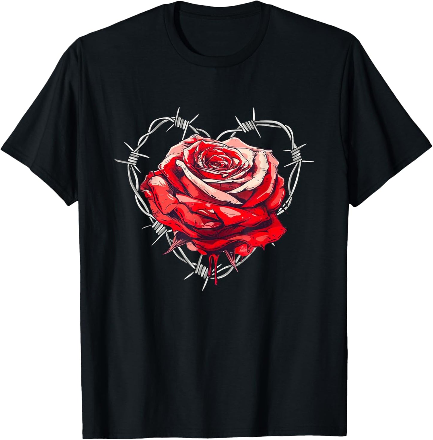 Red Rose in Barbed Wire Love Heart T-Shirt - T-Shirt | Black