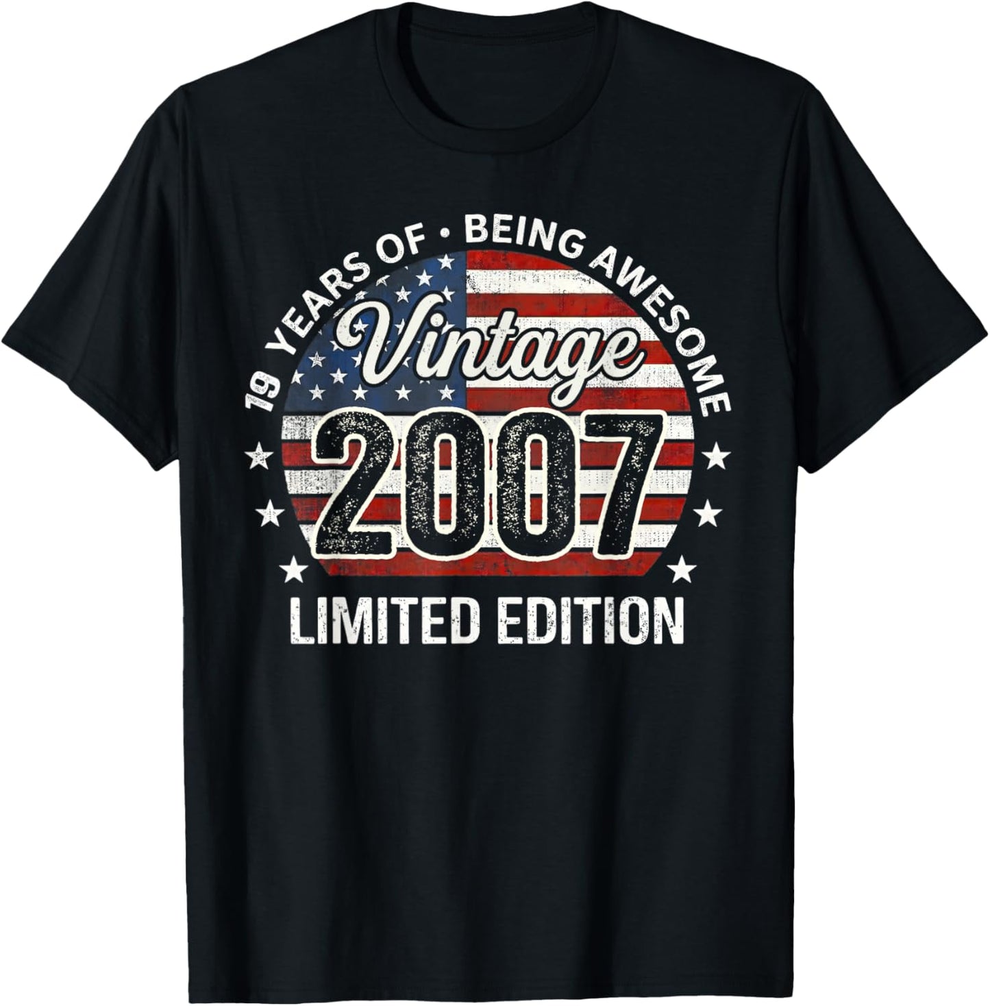 Vintage Awesome Since 2007 Retro 19th Birthday USA Flag T-Shirt - T-Shirt | Black