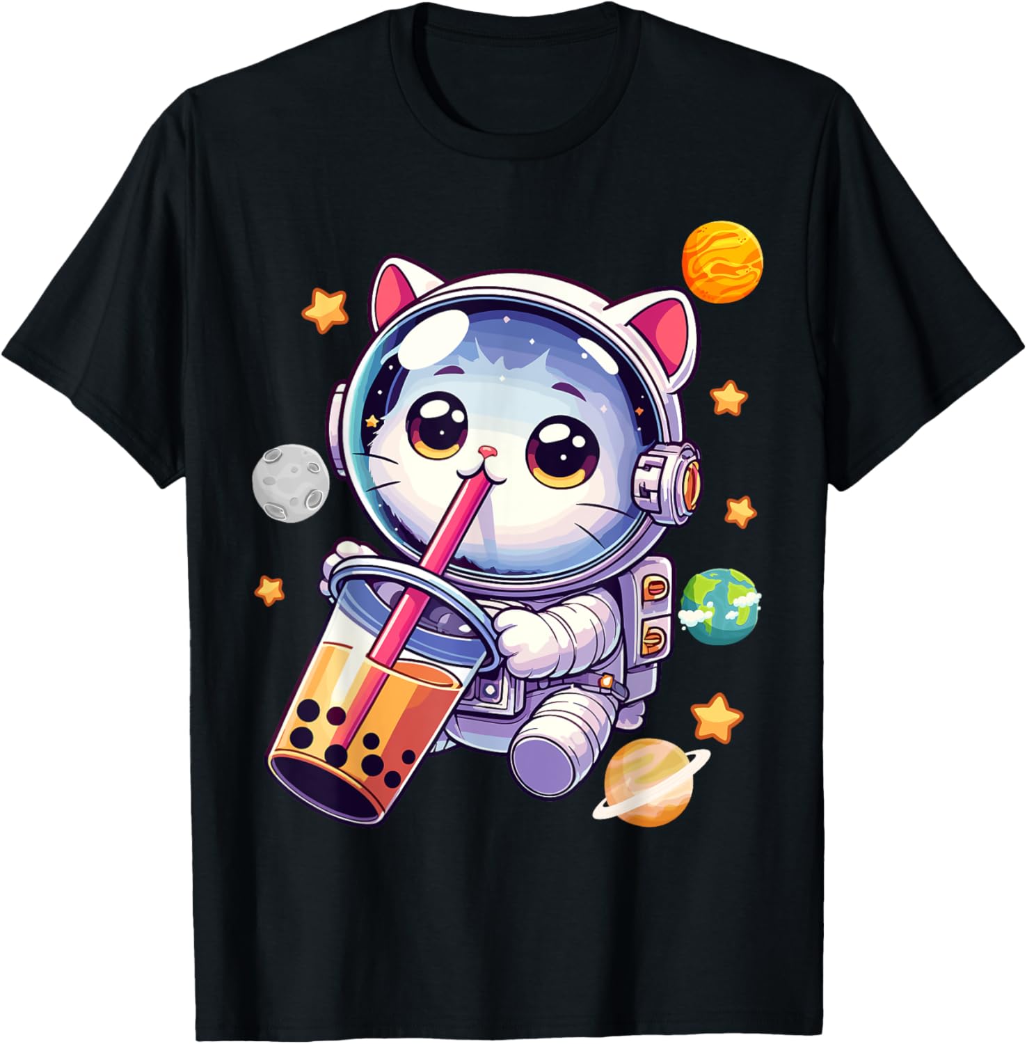 Space Cat Astronaut Boba Tea Boba Cat Galaxy Cute Anime Women Kids T-Shirt - T-Shirt | Black