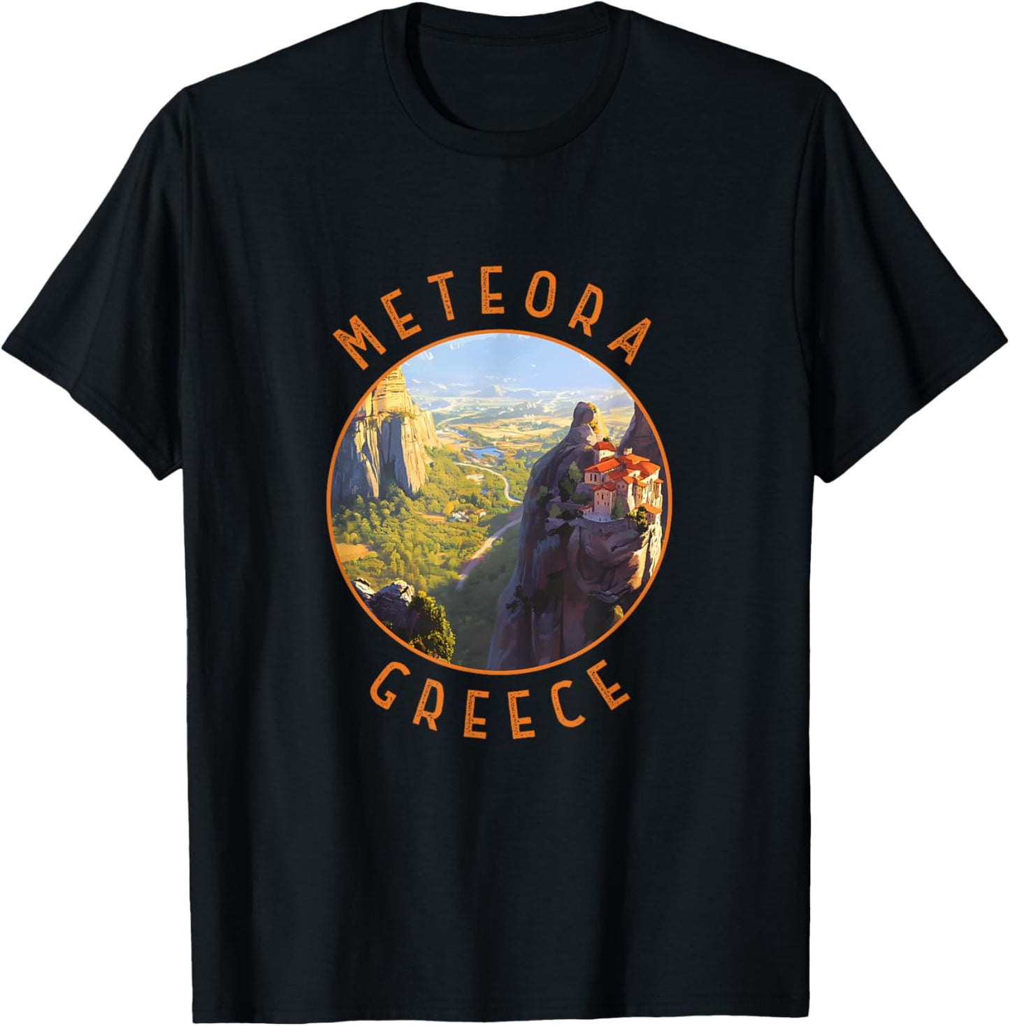 Meteora Greece Retro Distressed Circle Vintage T-Shirt - T-Shirt | Black