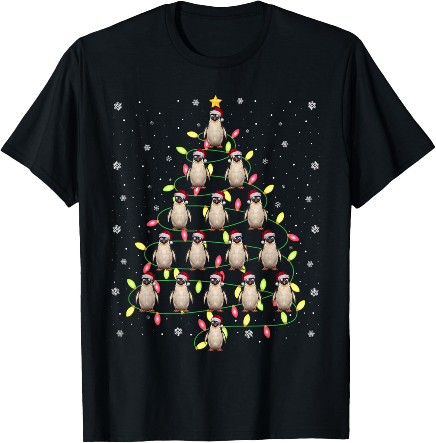 Penguin Santa Christmas Tree Lights Ugly Sweater Style T-Shirt - T-Shirt | Black