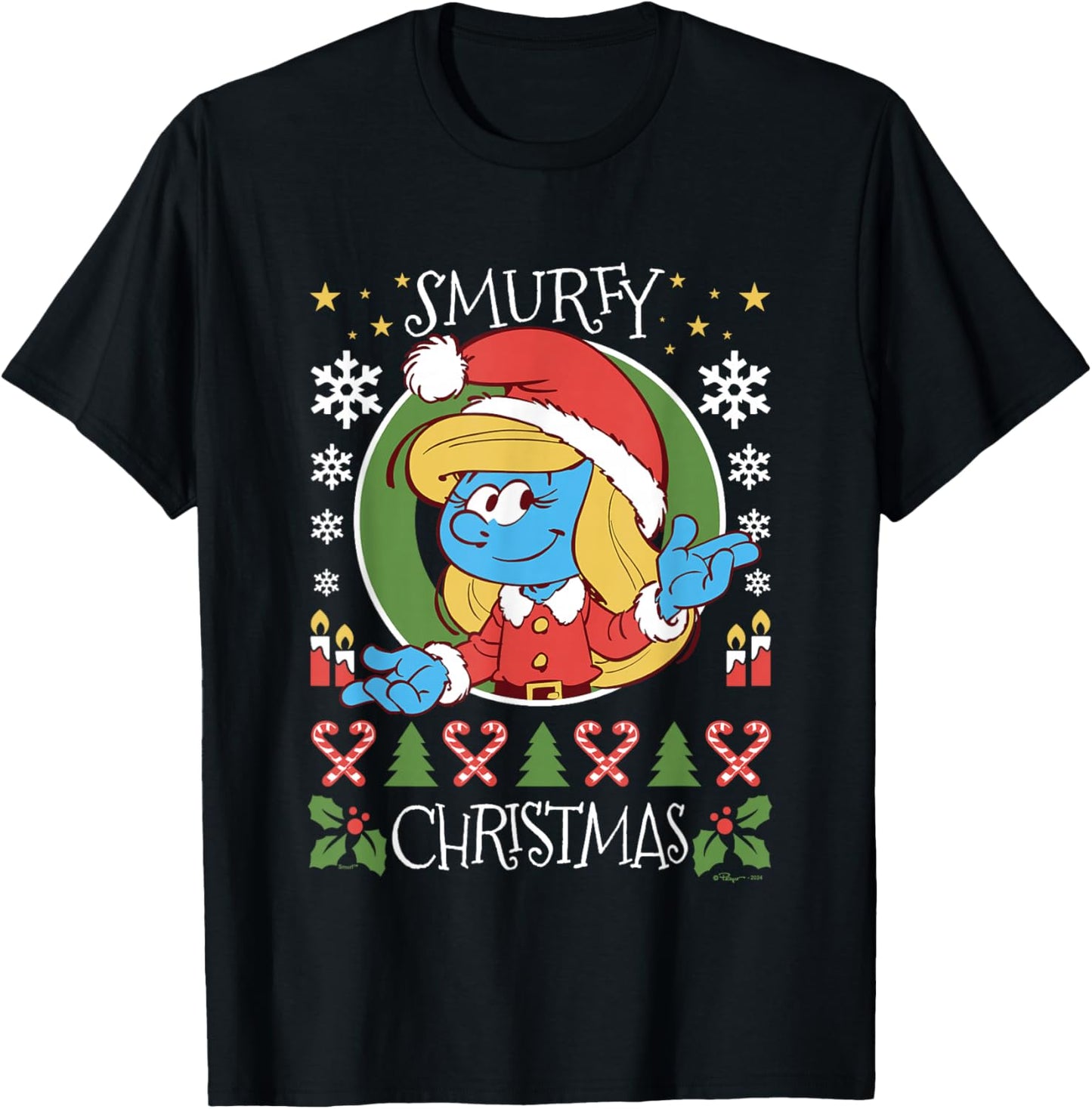 The Smurfs Christmas Smurfy Christmas Smurfette Chest Logo T-Shirt - T-Shirt | Black