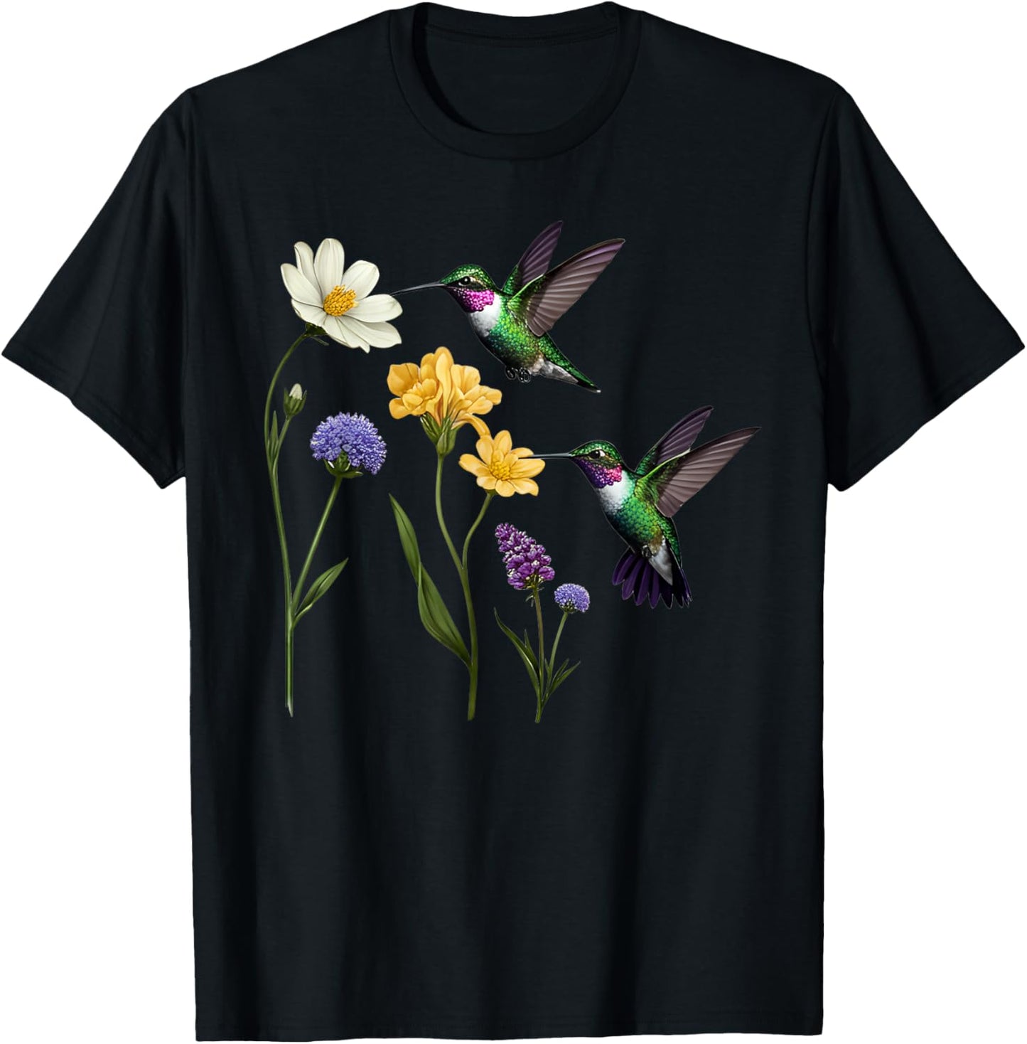 Beautiful Vintage Floral Hummingbird Bird Design T-Shirt - T-Shirt | Black