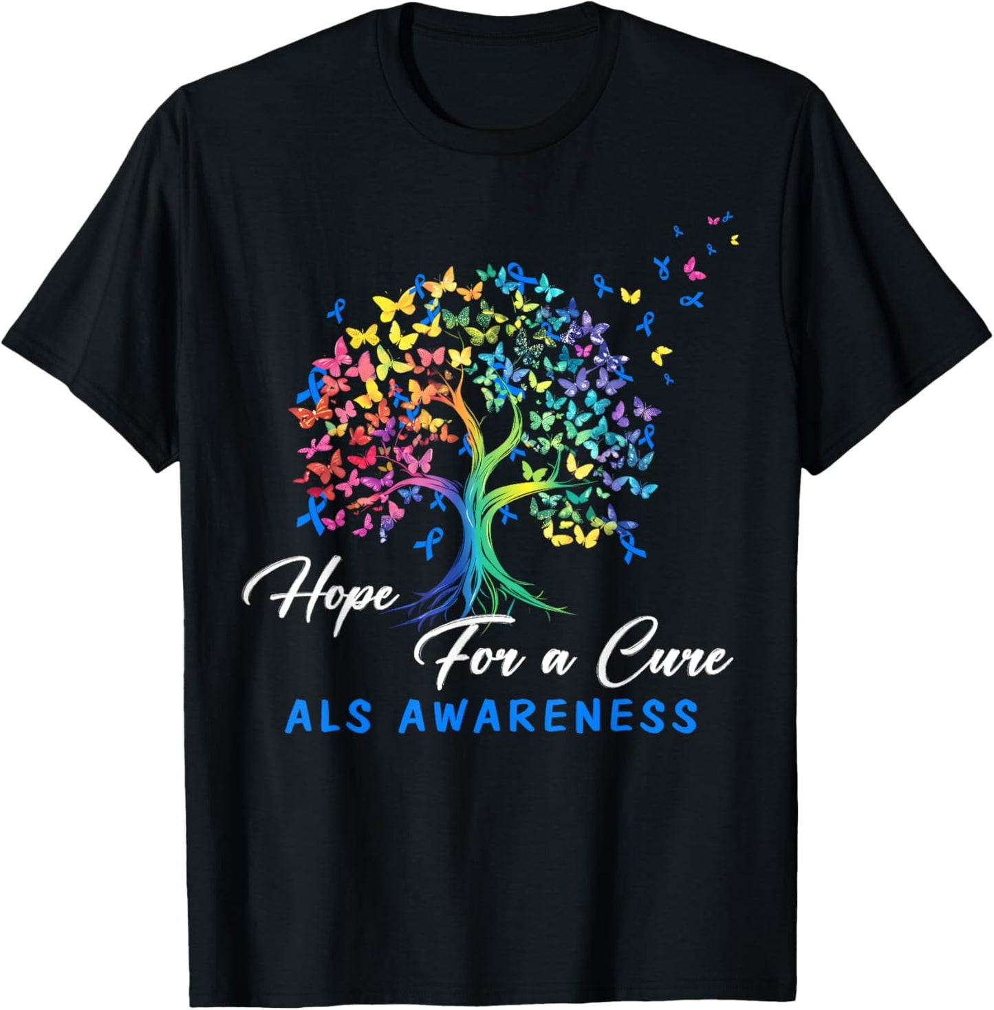 Hope A For Cure ALS Awareness Tree Blue Ribbon Support Team T-Shirt - T-Shirt | Black