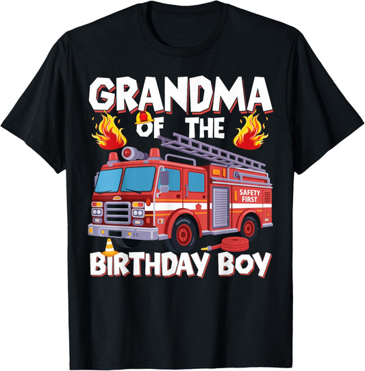 Grandma of The Birthday Boy Fire Truck Firefighter Bday T-Shirt - T-Shirt | Black