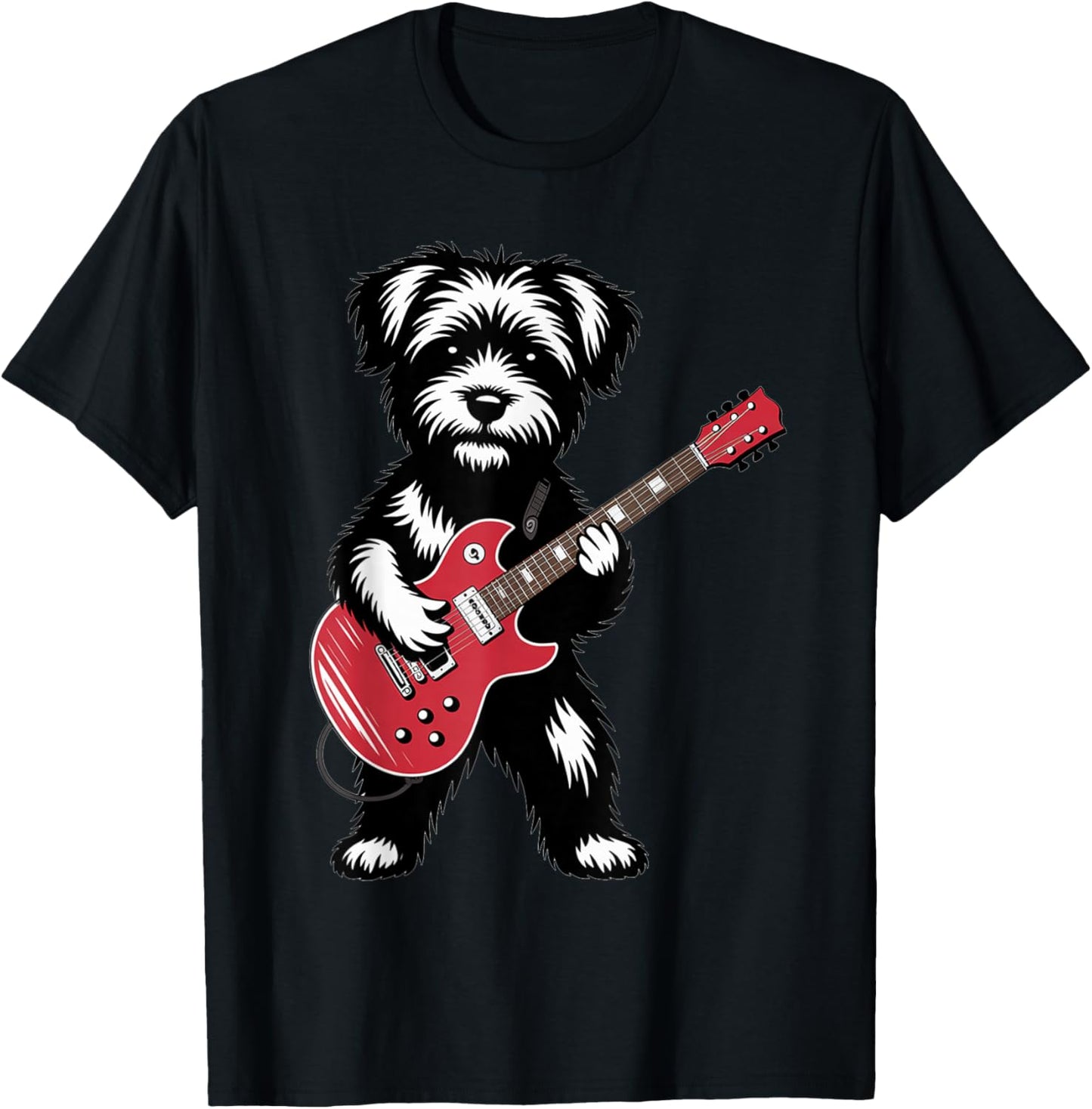 Cute Rock Yorki Dog with Red Electric Guitar Puppy T-Shirt - T-Shirt | Black
