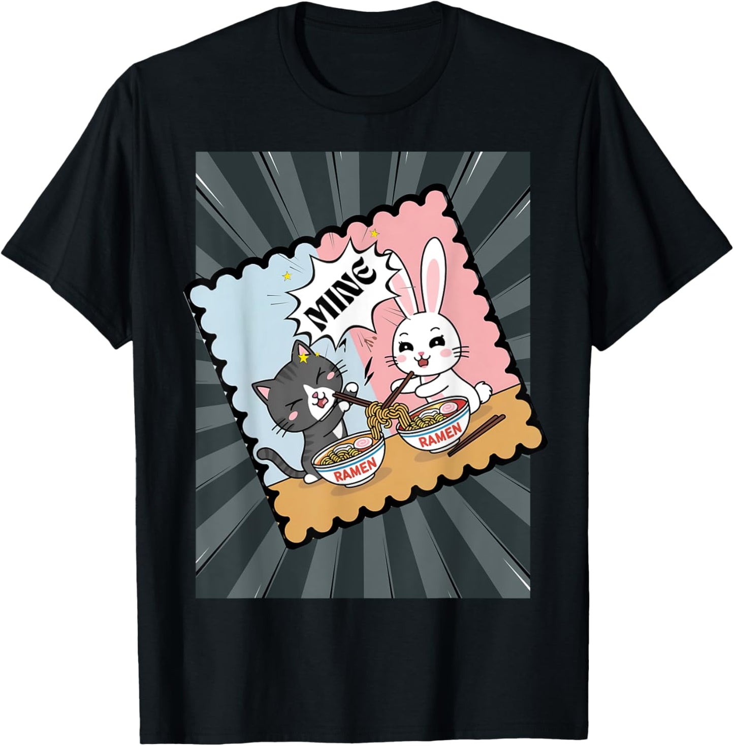 Cute Retro Kawaii Anime Funny Cat Bunny Ramen Comic Strip T-Shirt - T-Shirt | Black